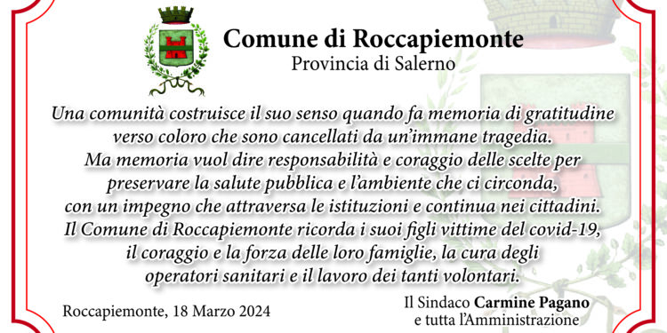 COMUNE DIROCCAPIEMONTE (SA) UNA TARGA INMEMORIA DELLE VITTIME PER IL COVID-19