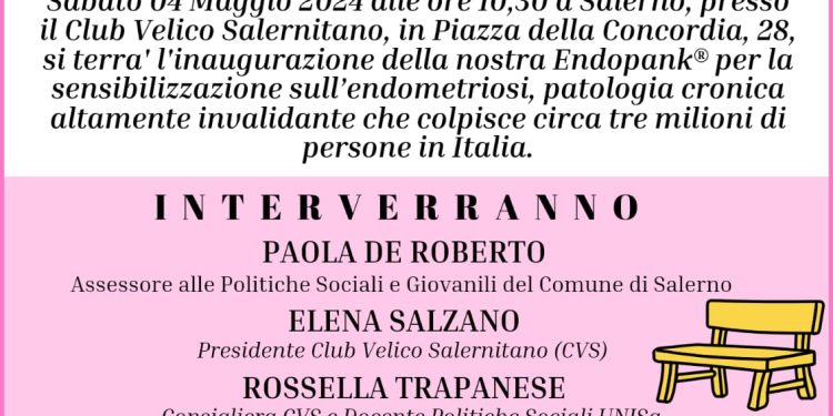 Sabato 4 maggio alle ore 10.30 al Club Velico Salernitano Sarà inaugurata la panchina gialla per sensibilizzare sulla cultura dell’endometriosi