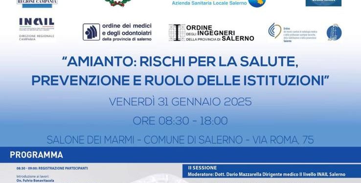 Amianto: rischi per la salute, prevenzione e ruolo delle Istituzioni. Se ne parlerà al Salone dei Marmi del Comune di Salerno venerdì 31 Gennaio
