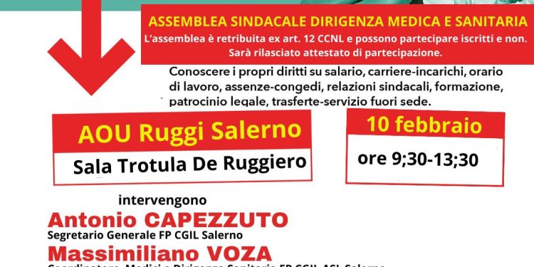 Assemblea provinciale della Dirigenza Medica e sanitaria il 10 febbraio al Ruggi. “Contratto e carenza di personale al centro dell’incontro”