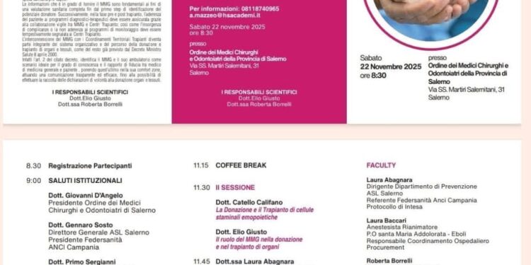 All’Ordine dei Medici Chirurghi e Odontoiatri di Salerno l’incontro: “Il ruolo del MMG nel percorso di Donazione e Trapianto di organi, tessuti e cellule, nuove strategie di comunicazione”