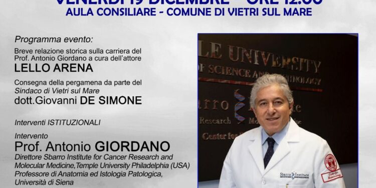 Vietri sul Mare conferisce la Cittadinanza Onoraria al Prof. Antonio Giordano