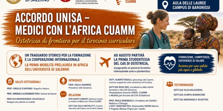 L’Università di Salerno continua il suo percorso di internazionalizzazione con la firma di un nuovo accordo tra il Corso di Laurea in Ostetricia e Medici con l’Africa CUAMM. Ad agosto partirà la prima studentessa in Ostetricia