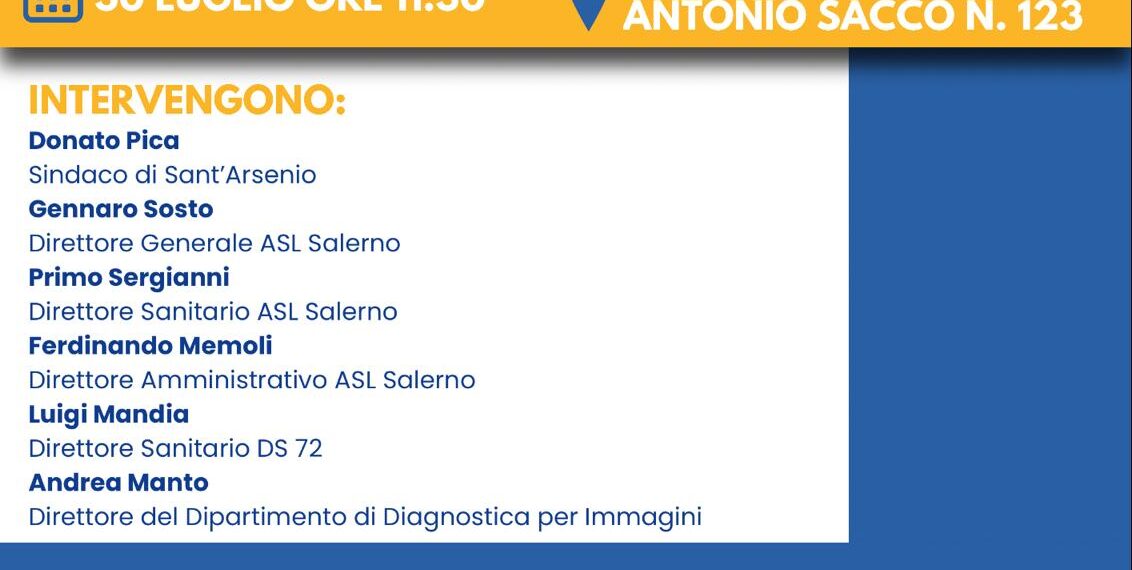 Radiologia Territoriale dell’Ospedale di Comunità e della Casa di Comunità di Sant’Arsenio. Giovedì 30 luglio la presentazione