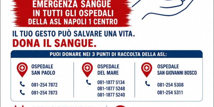 Emergenza sangue negli Ospedali della ASL Napoli 1 Centro: appello alla donazione